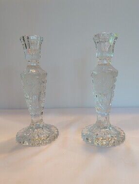 Candlesticks Pair Heavy Crystal Frosted Roses Hofbauer Germany Vintage 7.5"